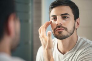 man looking into mirror putting on skincare